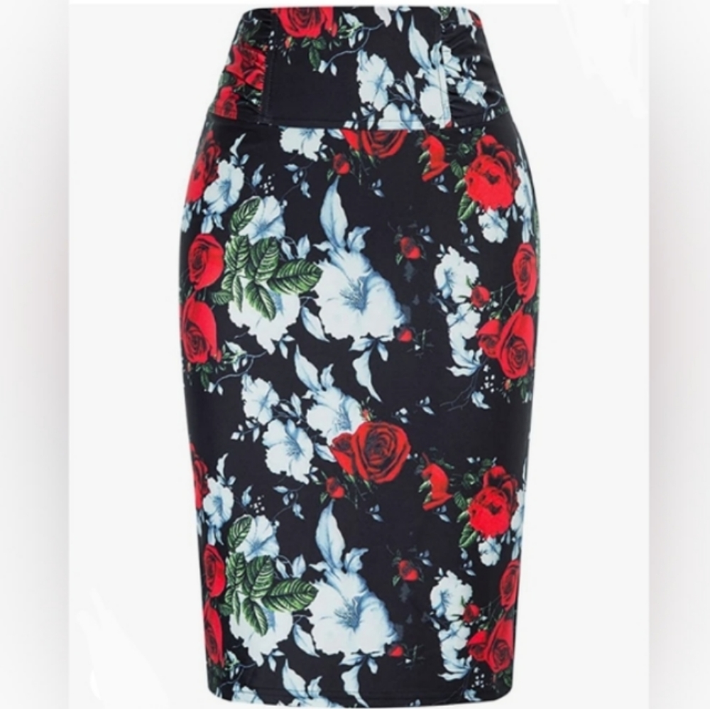 Vintage FloralPrint High-Rise Midi PencilSkirt Black - Picture 2 of 13